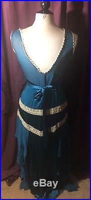 New Rare Vintage Betsey Johnson LONG SILK Lace Teal RUNWAY Maxi Slip DRESS 10 M