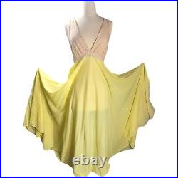 OLGA Long Nightgown Full Sweep Lace Yellow Chiffon Vtg Slip Dress Negligee Small