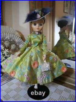 OOAK VTG Uneeda Dollikin 2S Brunette Chartreuse Embroidered Dress Slip Hat Purse