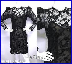 OSCAR DE LA RENTA Black Lace Illusion SEQUIN Dress & SLIP VTG 8 FITS 4 6 AMAZING
