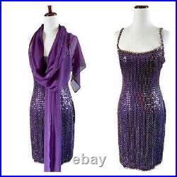 Oleg Cassini Black Tie Vintage Sequined Silk Slip Dress and Scarf Purple US 10