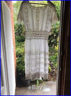 Original Lace Edwardian 1900's Vintage Dress 100% Cotton S 8 Slip Wedding