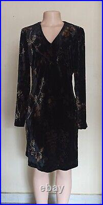 Oscar By Oscar De La Renta Vintage Black Velvet Leafy Print Dress Size 4