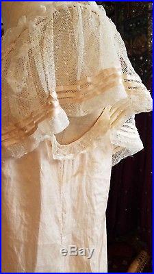 Pale Pink 1910s Pure Silk Lace Ribbon Chemise Slip Dress Vintage Antique
