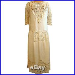 Pale pale yellow cotton drop waist dress & slip from vintage battenburg lace