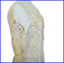 Pale yellow cotton drop waist dress & slip from vintage battenburg lace