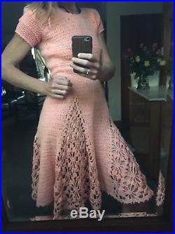 Peach Crochet Knit Vintage 60s Dress 8-10 Slip STUNNING As New