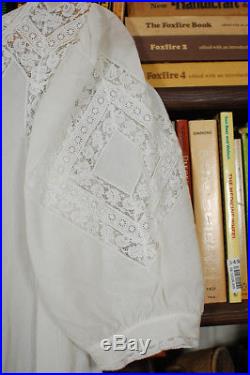 RARE Vintage White Sheer Cotton Lace Dress Antique Victorian Full Sweep Medium