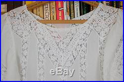 RARE Vintage White Sheer Cotton Lace Dress Antique Victorian Full Sweep Medium