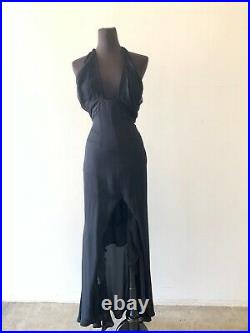 Randi Rahm Vintage Black 90s Maxi Slip Dress Low Cut Halter Open Back Middle