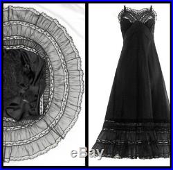 Rare ARTEMIS Vintage 50s Full Dress SLIP 8 Pleated CHIFFON Lace BLACK Nylon M