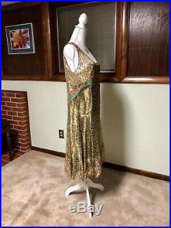 Rare! Antique 1920s Dress Flapper Egyptian Revival Gold Metallic Lace Lamé Slip