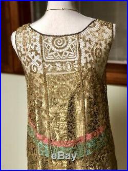 Rare! Antique 1920s Dress Flapper Egyptian Revival Gold Metallic Lace Lamé Slip