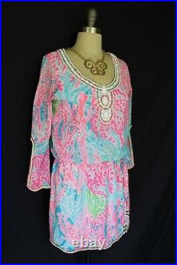 Rare Lilly Pulitzer Delisa tunic caftan Beaded Dress Lets Cha cha coral pink S