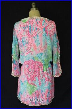 Rare Lilly Pulitzer Delisa tunic caftan Beaded Dress Lets Cha cha coral pink S
