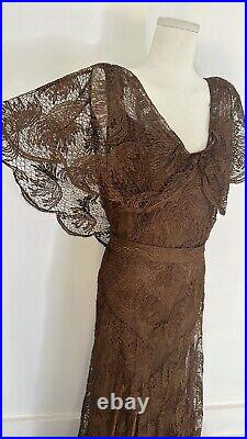 Real Vintage 1930s Bia Cut Lace Dress With Caplet Detail And Original Slip