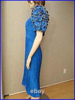 Richilene Blue Pleated Floral Exaggerated Sleeve Dress Gown Sz 8 Saks NWOT Vtg