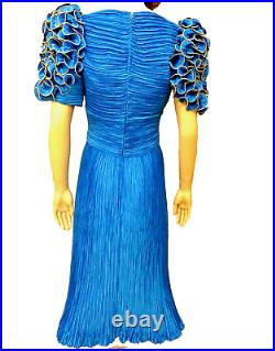 Richilene Blue Pleated Floral Exaggerated Sleeve Dress Gown Sz 8 Saks NWOT Vtg