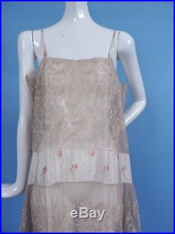 Romantic Flapper 1920s Ecru Lace Slip 4 Dress W Floral Silk Waist