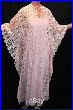 SM 2pc PINK Crochet LACE VTG 60s 70s BOHO Wedding CAFTAN + MAXI SLIP DRESS