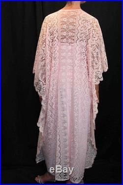 SM 2pc PINK Crochet LACE VTG 60s 70s BOHO Wedding CAFTAN + MAXI SLIP DRESS