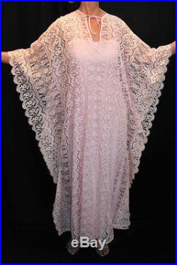 SM 2pc PINK Fine Crochet LACE VTG 60s HIPPIE BOHO CAFTAN + MAXI SLIP DRESS