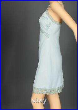 SZ XS LADIES VINTAGE FULL SLIP BABY BLUE LACE NYLON DRESS 1960s UNION LABEL