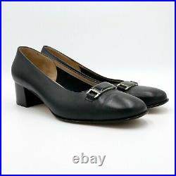 Salvatore Ferragamo Classic Leather Pumps Block Heel Slip On Shoes Black Size 8C
