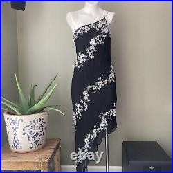 Scala Vintage Silk One Shoulder Asymmetrical Beaded Y2K Midi High-Low Dress
