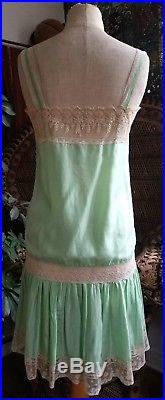 Seafoam Butterflies Hand Made 1920s Silk Chemise Slip Dress Antique Lace