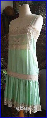 Seafoam Butterflies Hand Made 1920s Silk Chemise Slip Dress Antique Lace