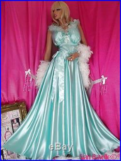 Sian Ravelle Sissy Mint Satin Long Elegant Sweep Night Dress Gown Chemise Slip