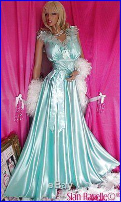 Sian Ravelle Sissy Mint Satin Long Elegant Sweep Night Dress Gown Chemise Slip
