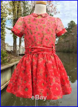 Size 6, CHRISTMAS Girl's Vintage Red Sheer Voile Floral Dress & Red Slip 1950's