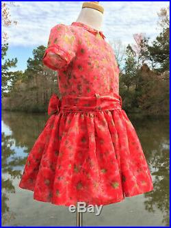 Size 6, Girl's Vintage Red Sheer Voile Flowered Dress, Red Cotton Slip 1950's