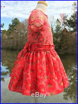Size 6, Girl's Vintage Red Sheer Voile Flowered Dress, Red Cotton Slip 1950's