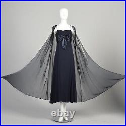 Small 1960s Navy Blue Silk Chiffon Evening Dress Formal Gown Sheer Vest Topper