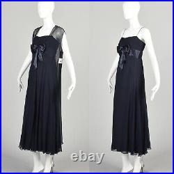Small 1960s Navy Blue Silk Chiffon Evening Dress Formal Gown Sheer Vest Topper