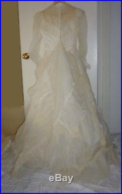 Small Vintage Wedding Dress Antique White, Hoop Skirt / Slip, Veil Lace, Train