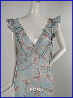 Storybook 1930s Baby Blue Rayon Floral Print Long Slip Dress W Ruffles