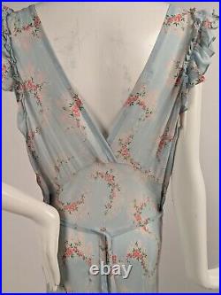 Storybook 1930s Baby Blue Rayon Floral Print Long Slip Dress W Ruffles