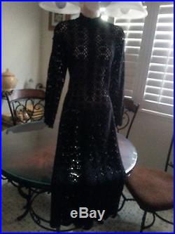 Stunning Black Crochet Dress Long Sleeves With Detached Slip/Lining & Tie
