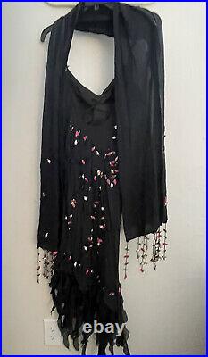 Sue Wong Black with Embroidered Flowers and Lace Dress with Scarf US Vintage Y2K