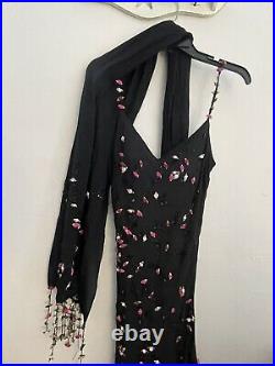 Sue Wong Black with Embroidered Flowers and Lace Dress with Scarf US Vintage Y2K