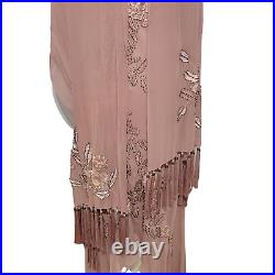 Sue Wong Nocturne Vintage 90s Y2K Beaded Strappy Blush Silk Dress Tassels withWrap