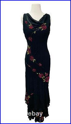 Sue Wong Nocturne Vintage 90s Y2K Dress Maxi Silk Beaded Mermaid Black Rose Sz 8