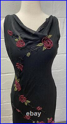Sue Wong Nocturne Vintage 90s Y2K Dress Maxi Silk Beaded Mermaid Black Rose Sz 8