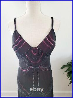Sue Wong Vintage Black Pink Beaded Sequin Y2K 90s Silk Sleeveless Slip Dress 12