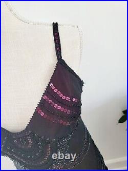 Sue Wong Vintage Black Pink Beaded Sequin Y2K 90s Silk Sleeveless Slip Dress 12