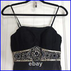 Sue Wong Womens Slip Dress Vtg 90s Y2K Black Satin Beaded Mini Empire Waist 2